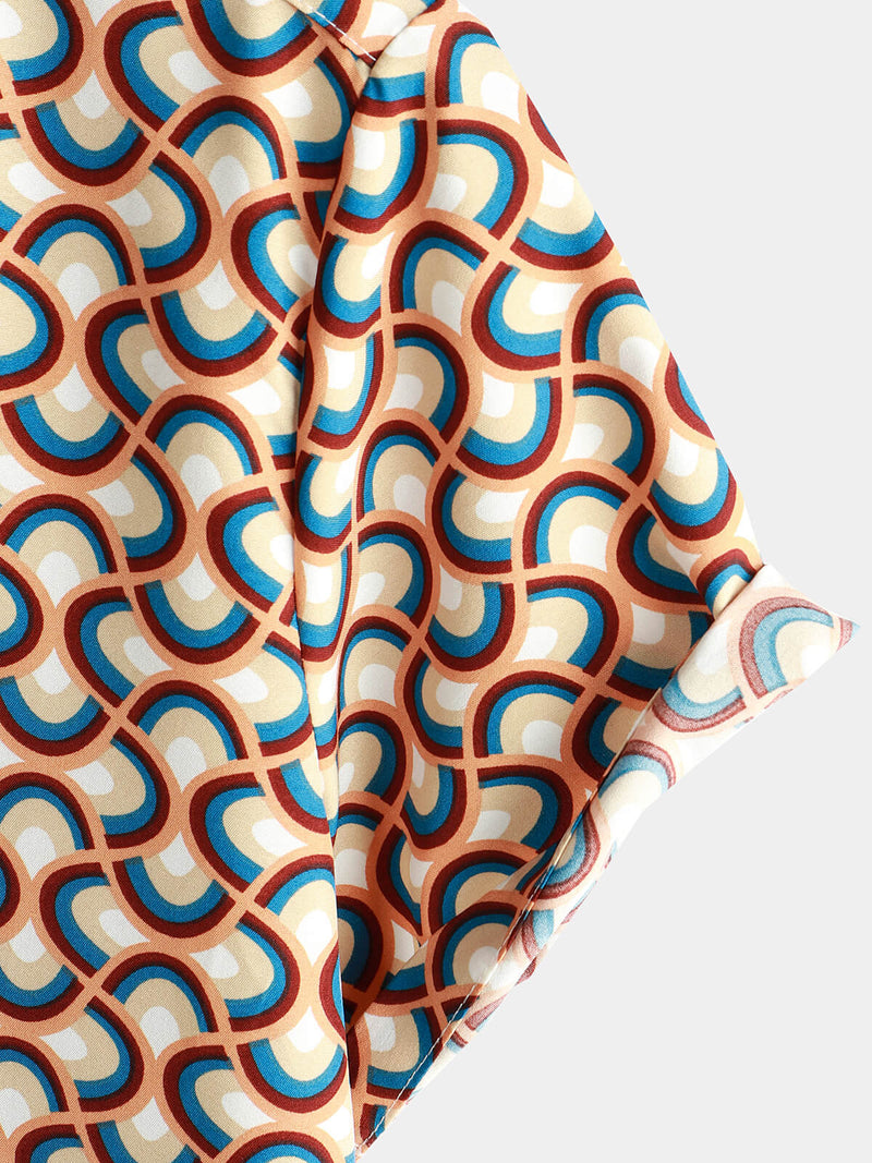 Men's Retro Button Up Vintage Geometric Circle Cool Summer Beach Short Sleeve Shirt