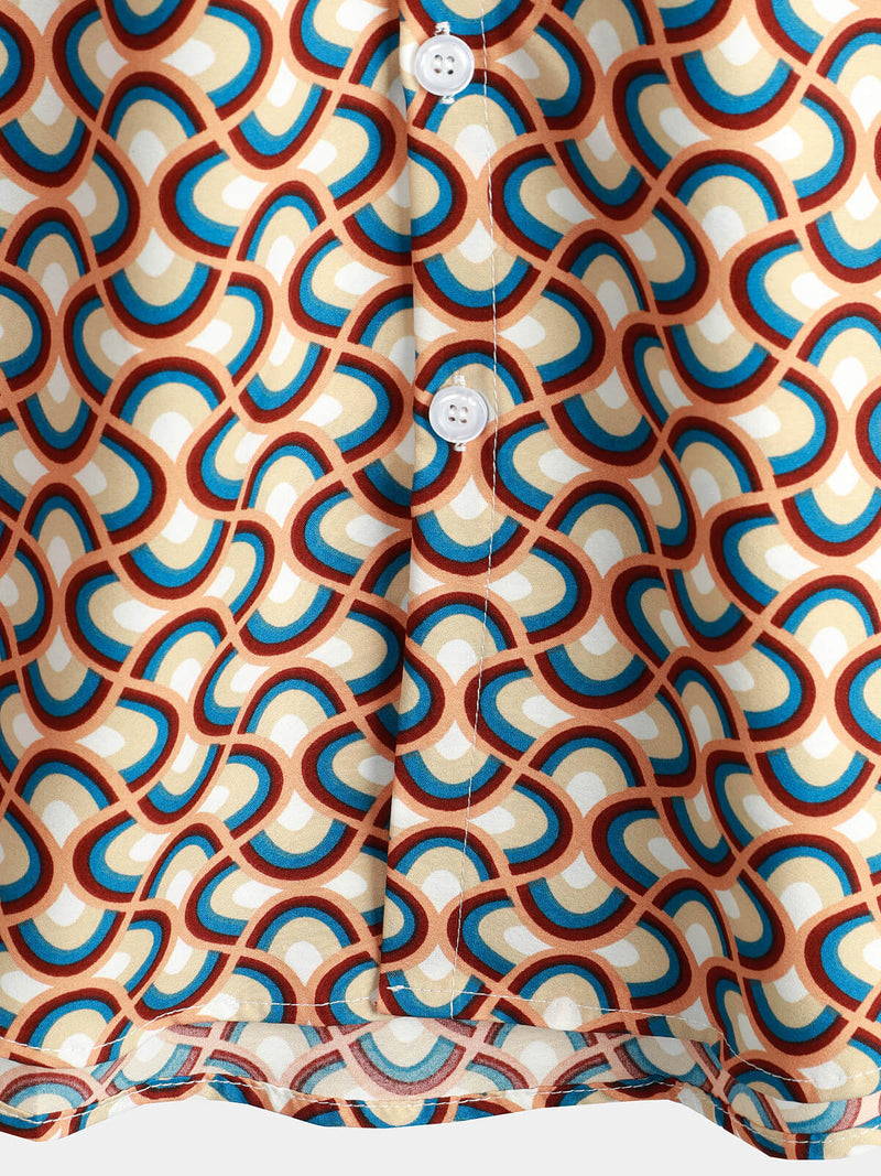 Men's Retro Button Up Vintage Geometric Circle Cool Summer Beach Short Sleeve Shirt