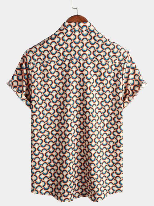 Men's Retro Button Up Vintage Geometric Circle Cool Summer Beach Short Sleeve Shirt