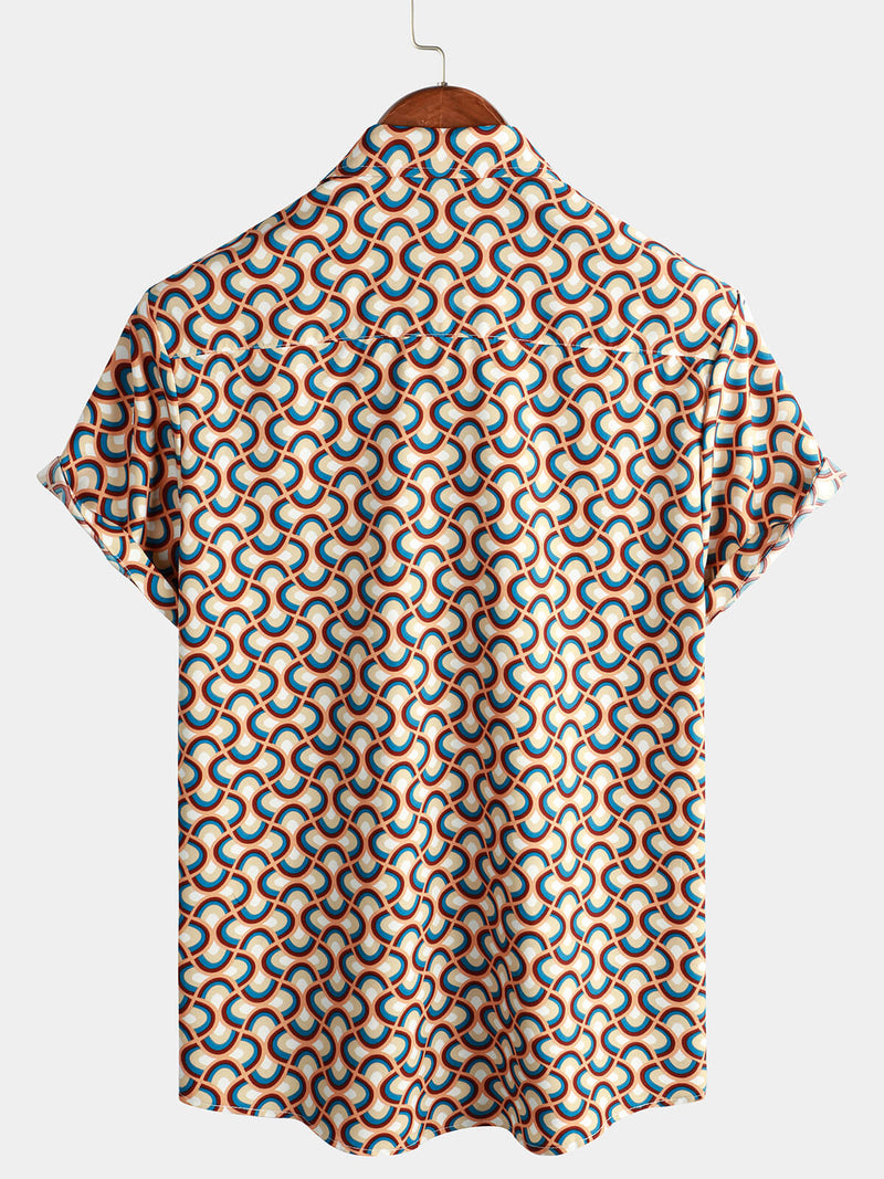 Men's Retro Button Up Vintage Geometric Circle Cool Summer Beach Short Sleeve Shirt