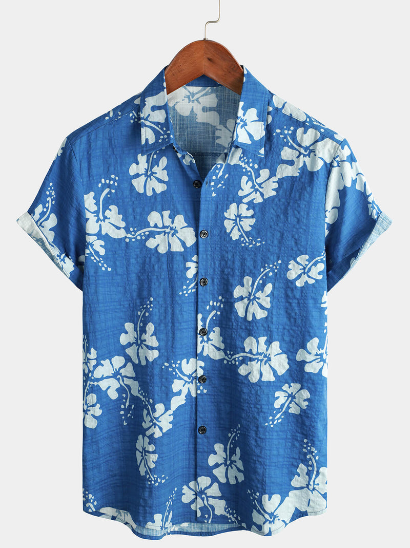 Men's Blue Hawaiian Vintage Floral Cruise Short Sleeve Button Up Beach Tropical Shirt