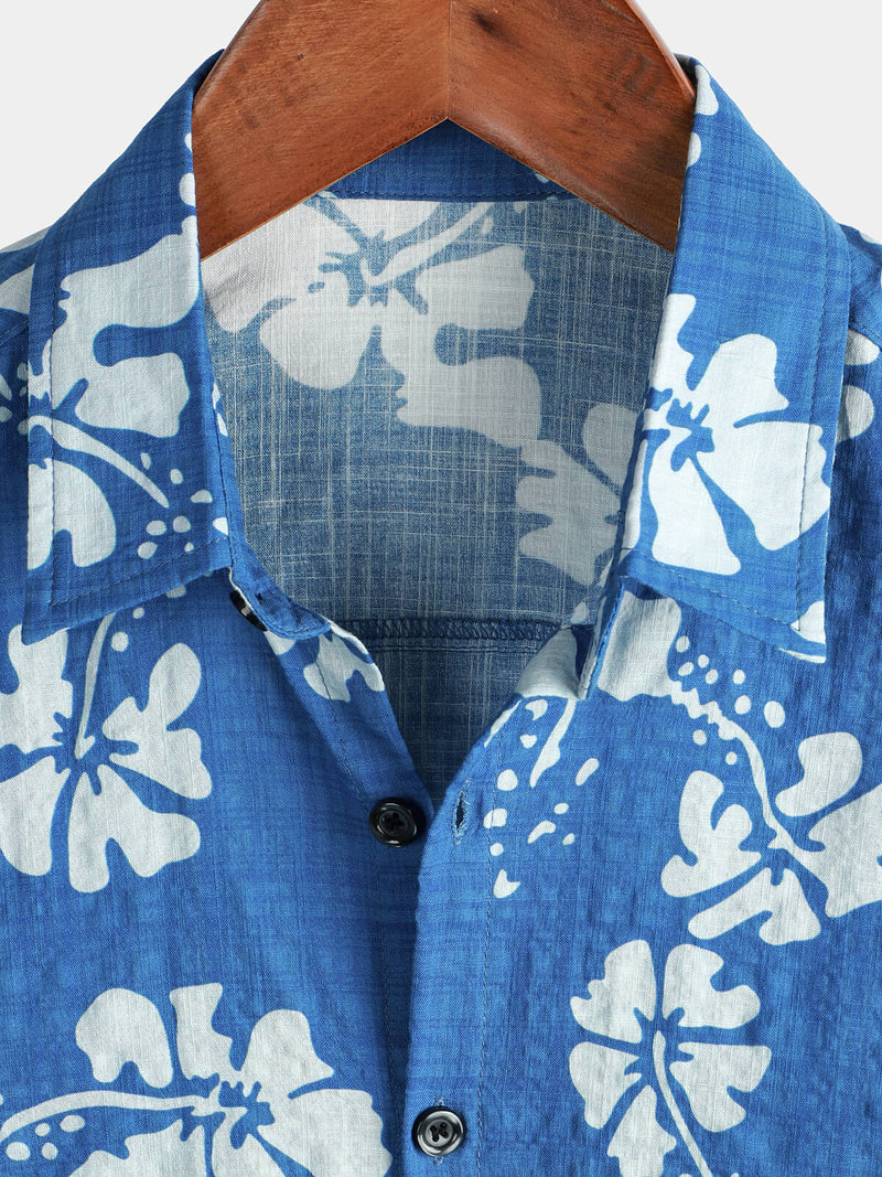 Men's Blue Hawaiian Vintage Floral Cruise Short Sleeve Button Up Beach Tropical Shirt