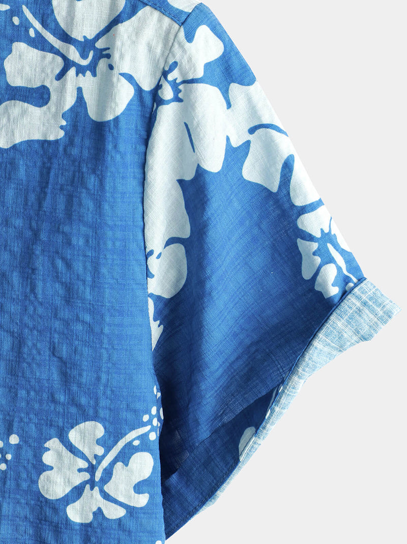 Men's Blue Hawaiian Vintage Floral Cruise Short Sleeve Button Up Beach Tropical Shirt