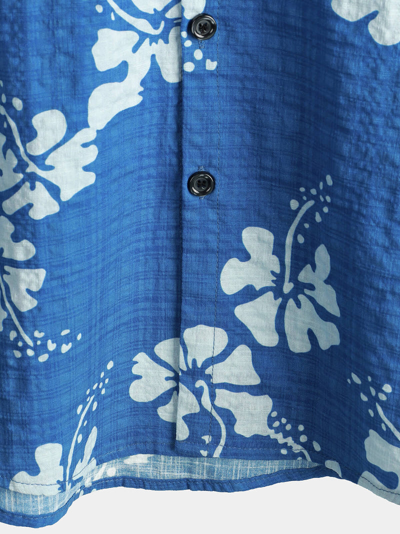 Men's Blue Hawaiian Vintage Floral Cruise Short Sleeve Button Up Beach Tropical Shirt