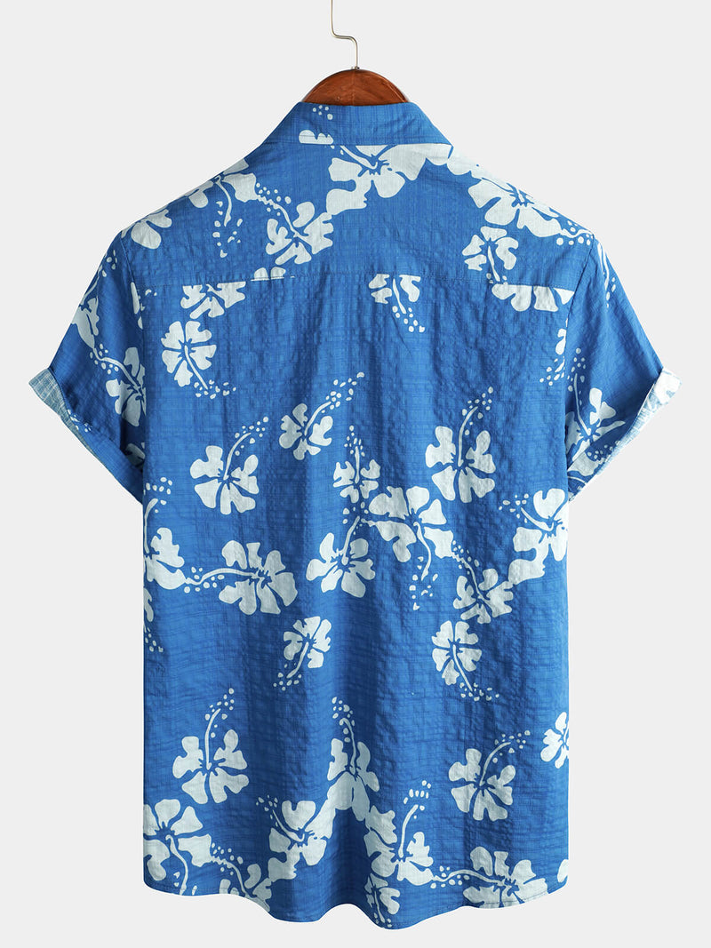 Men's Blue Hawaiian Vintage Floral Cruise Short Sleeve Button Up Beach Tropical Shirt