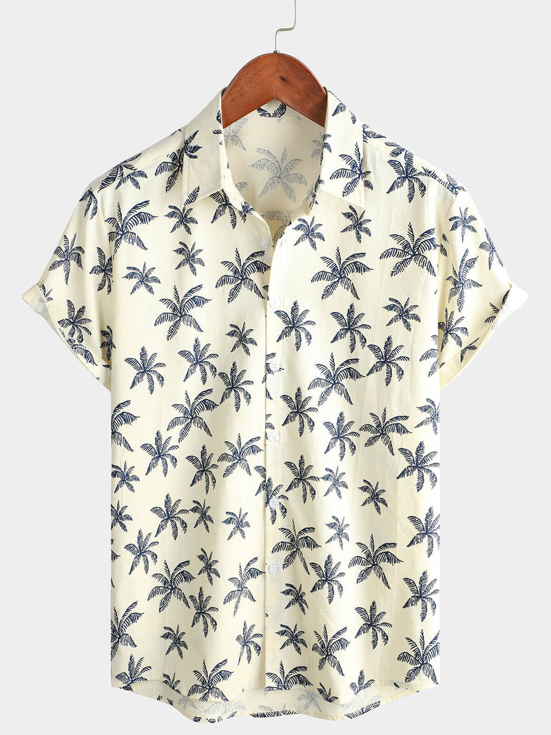 Men's Beach Hawaiian Palm Tree Print Cotton Cruise Button Up Short Sleeve Shirt