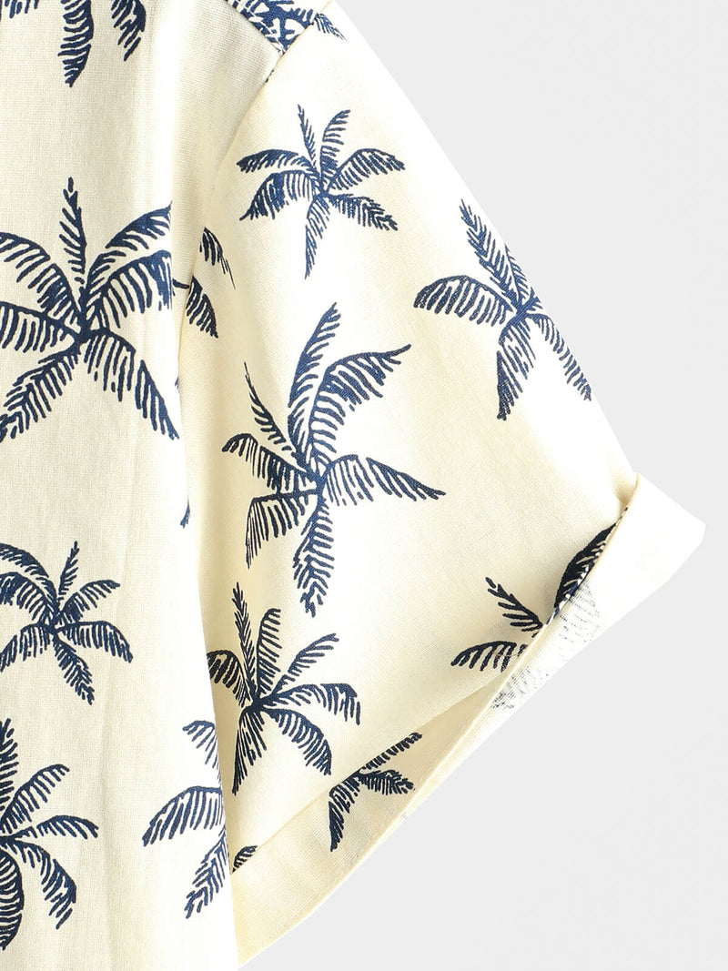 Men's Beach Hawaiian Palm Tree Print Cotton Cruise Button Up Short Sleeve Shirt