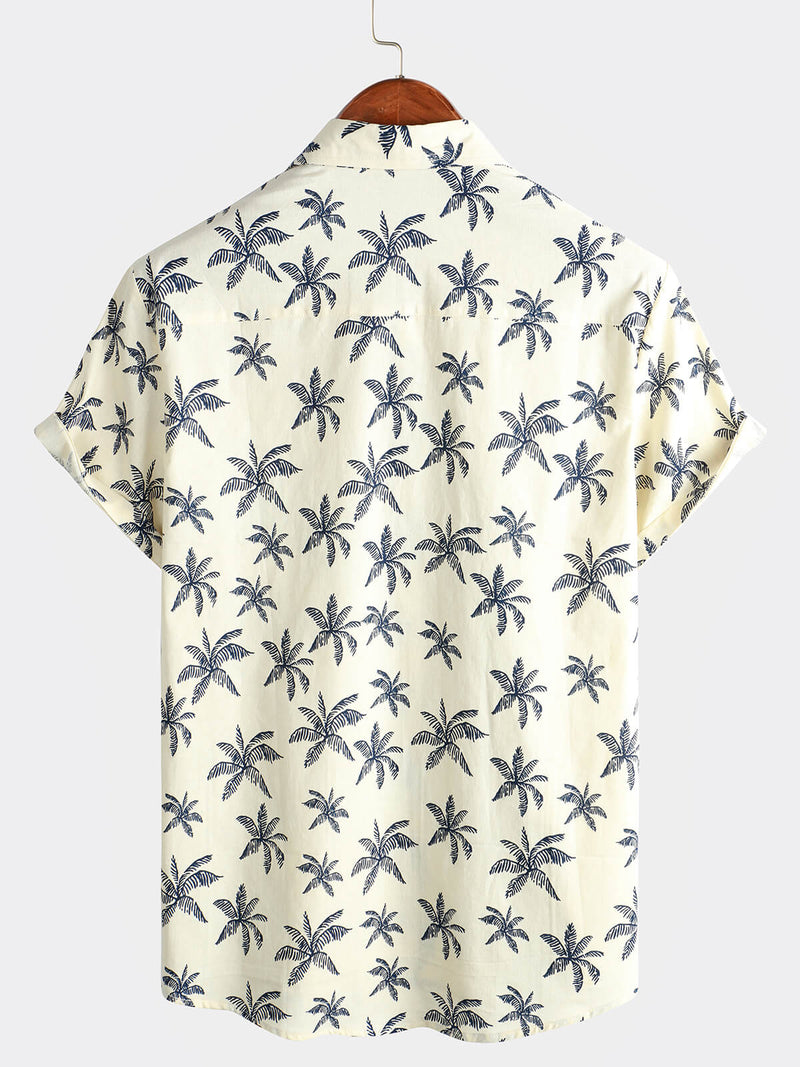 Men's Beach Hawaiian Palm Tree Print Cotton Cruise Button Up Short Sleeve Shirt