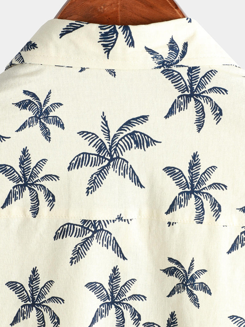 Men's Beach Hawaiian Palm Tree Print Cotton Cruise Button Up Short Sleeve Shirt
