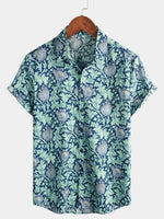 Men's Cotton Blue Hawaiian Vintage Floral Holiday Cruise Short Sleeve Button Up Shirt