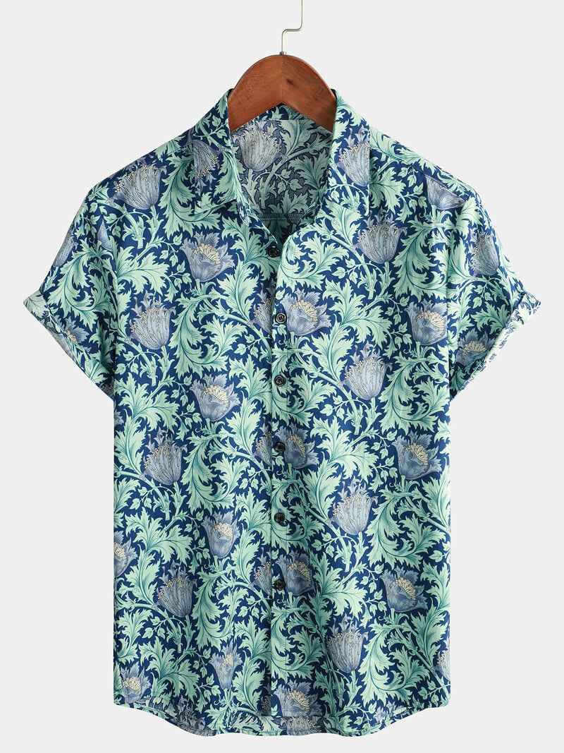 Men's Cotton Blue Hawaiian Vintage Floral Holiday Cruise Short Sleeve Button Up Shirt