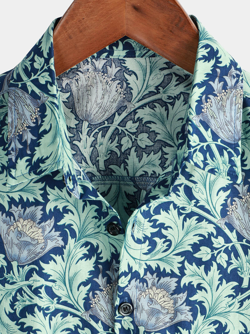 Men's Cotton Blue Hawaiian Vintage Floral Holiday Cruise Short Sleeve Button Up Shirt