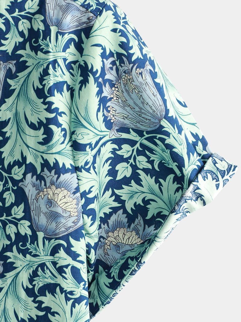 Men's Cotton Blue Hawaiian Vintage Floral Holiday Cruise Short Sleeve Button Up Shirt