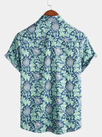 Men's Cotton Blue Hawaiian Vintage Floral Holiday Cruise Short Sleeve Button Up Shirt