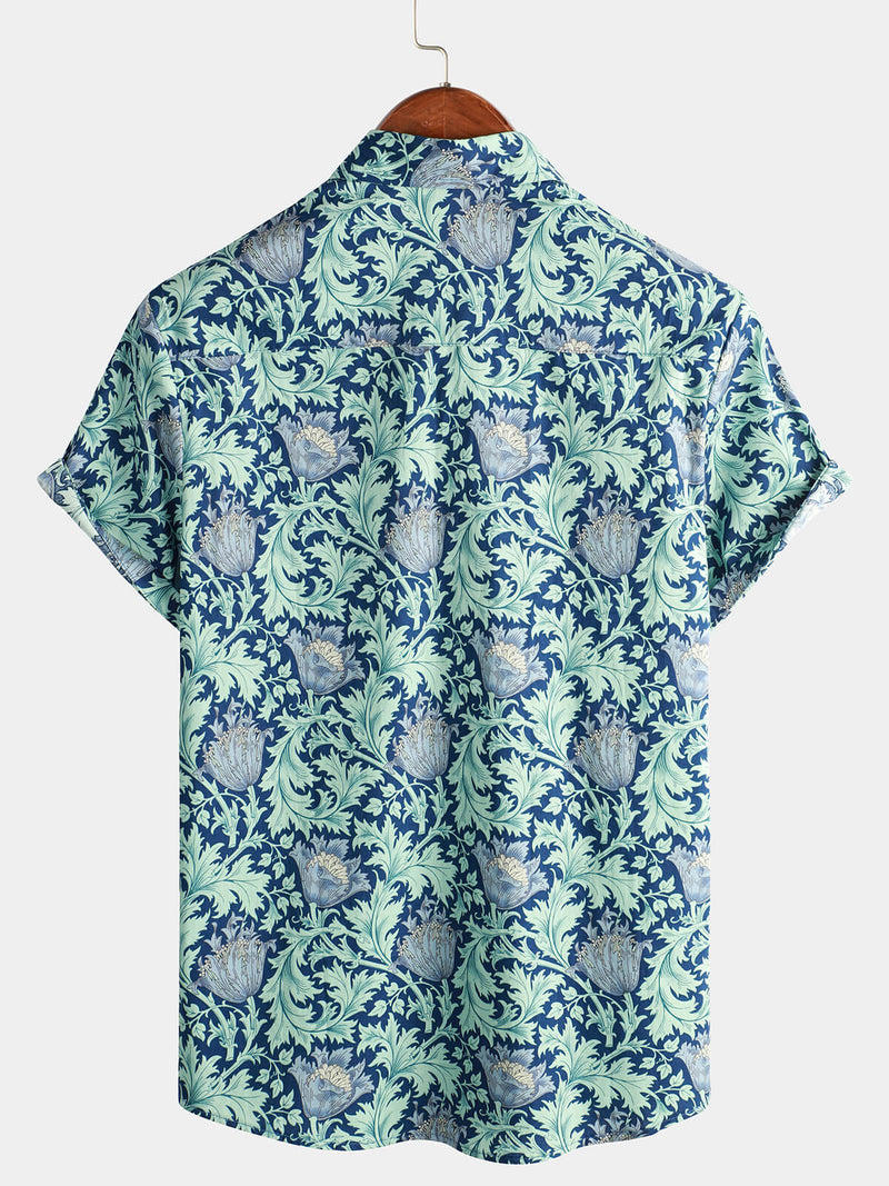 Men's Cotton Blue Hawaiian Vintage Floral Holiday Cruise Short Sleeve Button Up Shirt
