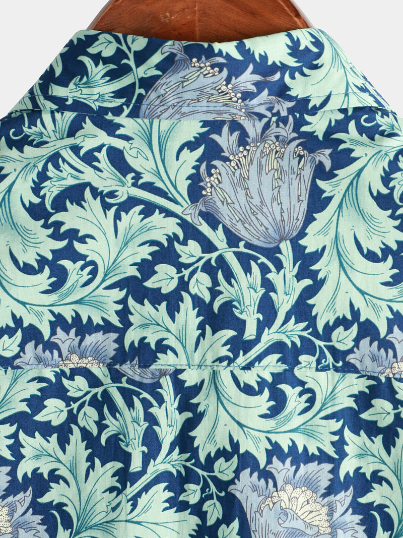 Men's Cotton Blue Hawaiian Vintage Floral Holiday Cruise Short Sleeve Button Up Shirt