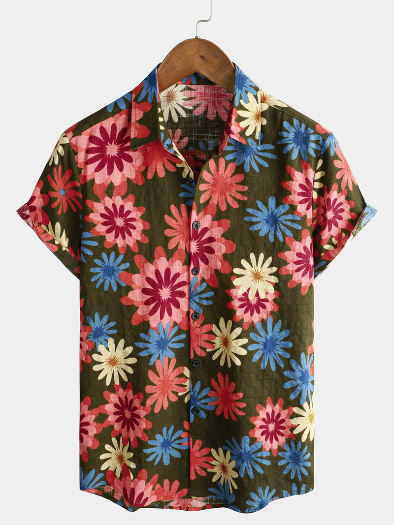 Men's Floral Cotton Summer Beach Army Green Short Sleeve Hawaiian Button Up Shirt