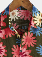Men's Floral Cotton Summer Beach Army Green Short Sleeve Hawaiian Button Up Shirt