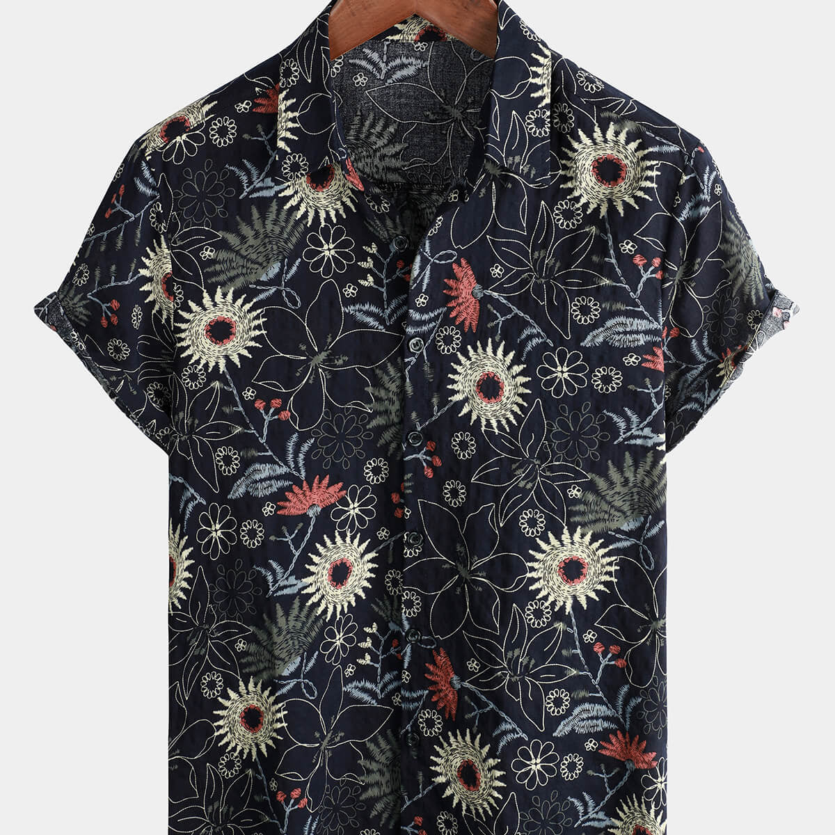 Men's Cotton Sunflower Floral Cruise Beach Summer Holiday Short Sleeve Hawaiian Button Up Shirt