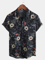 Men's Cotton Sunflower Floral Cruise Beach Summer Holiday Short Sleeve Hawaiian Button Up Shirt