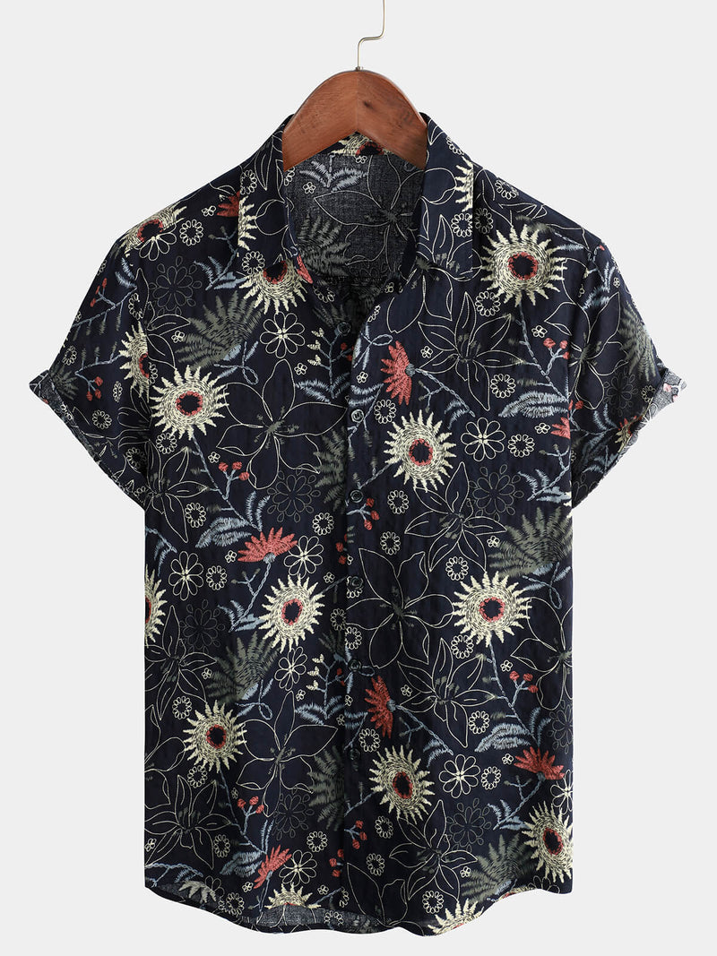 Men's Cotton Sunflower Floral Cruise Beach Summer Holiday Short Sleeve Hawaiian Button Up Shirt