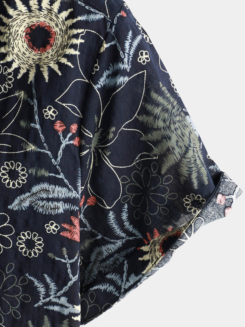 Men's Cotton Sunflower Floral Cruise Beach Summer Holiday Short Sleeve Hawaiian Button Up Shirt