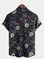 Men's Cotton Sunflower Floral Cruise Beach Summer Holiday Short Sleeve Hawaiian Button Up Shirt