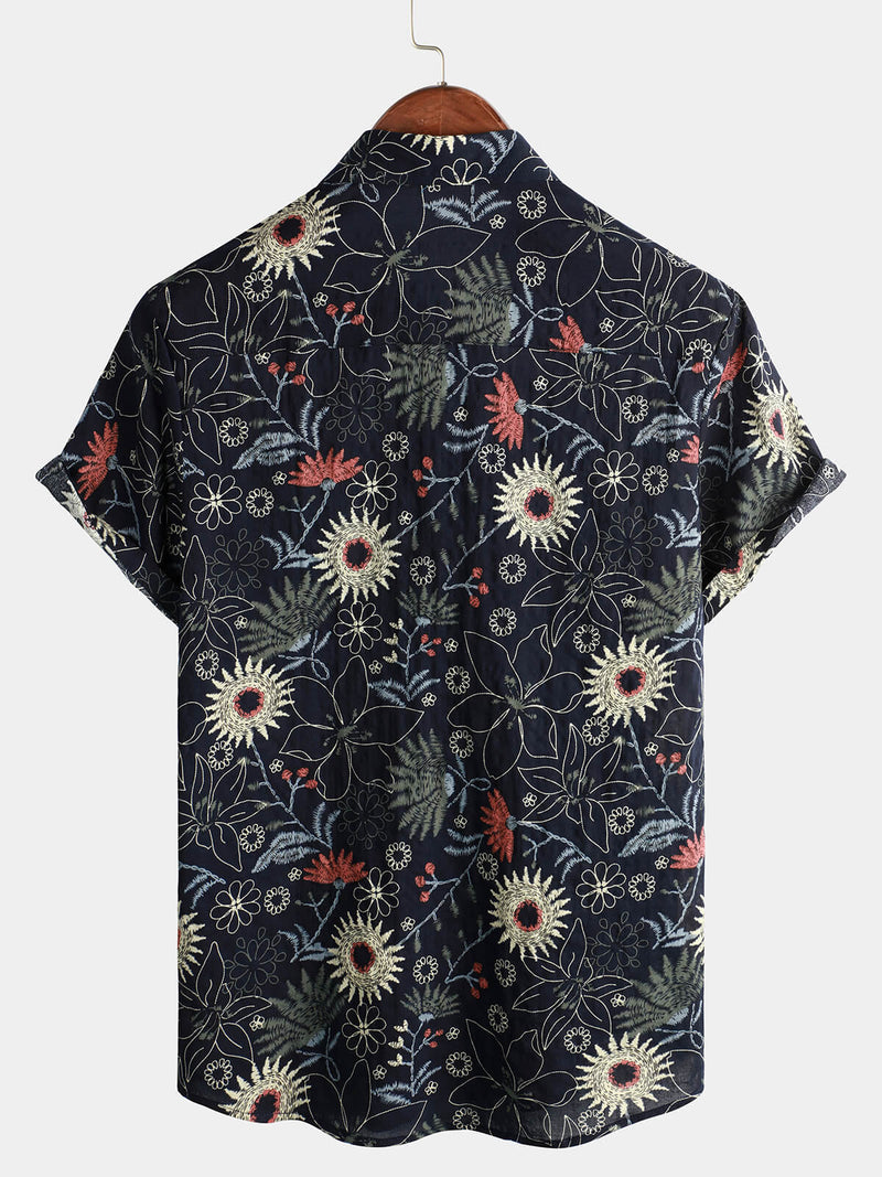 Men's Cotton Sunflower Floral Cruise Beach Summer Holiday Short Sleeve Hawaiian Button Up Shirt