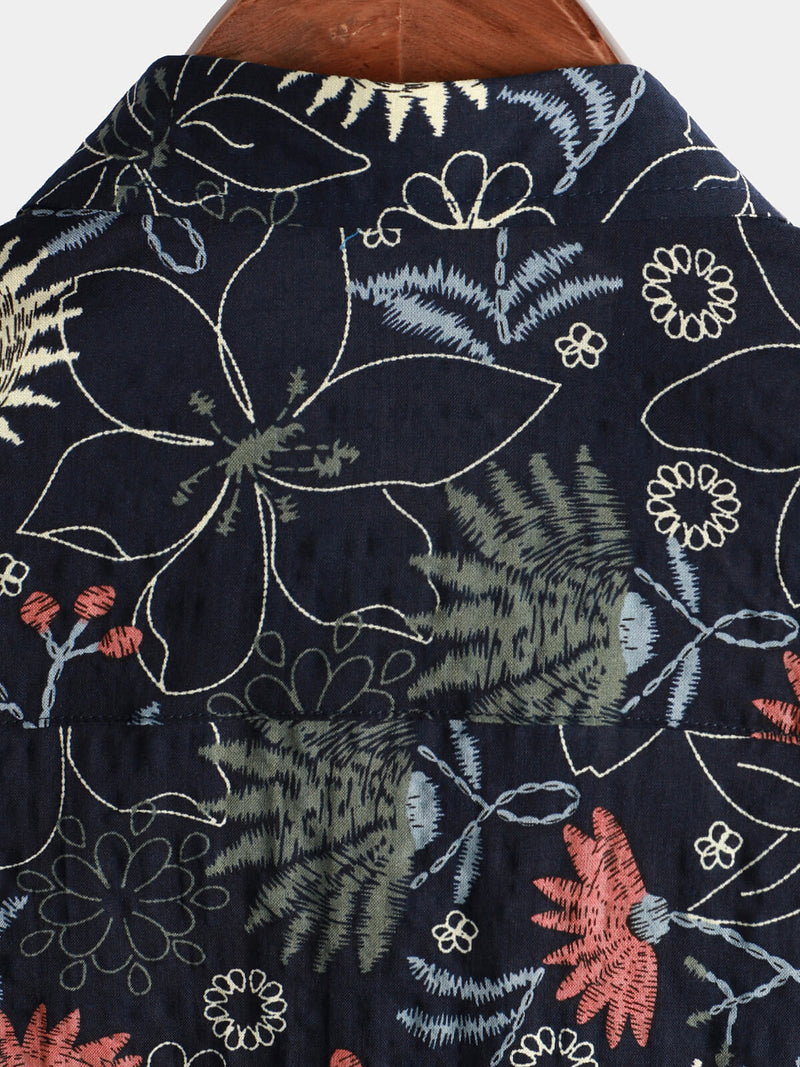 Men's Cotton Sunflower Floral Cruise Beach Summer Holiday Short Sleeve Hawaiian Button Up Shirt