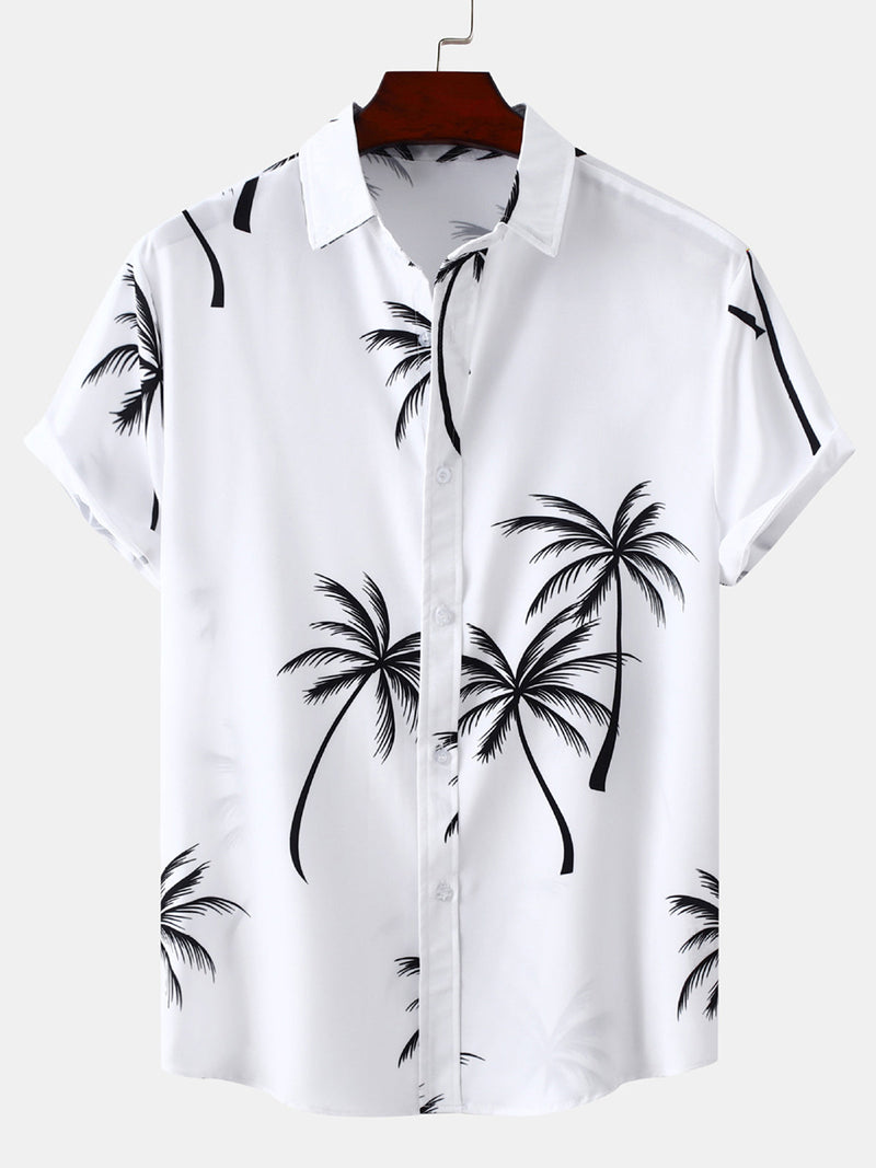 Men's Palm Tree Print Hawaiian Button Up Summer Short Sleeve Shirt