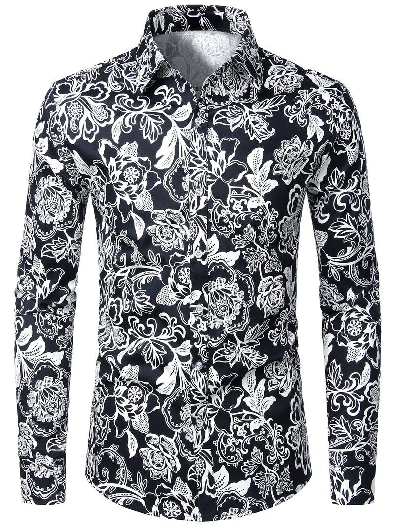 Men's Floral Cotton Casual Button Up Long Sleeve Shirt