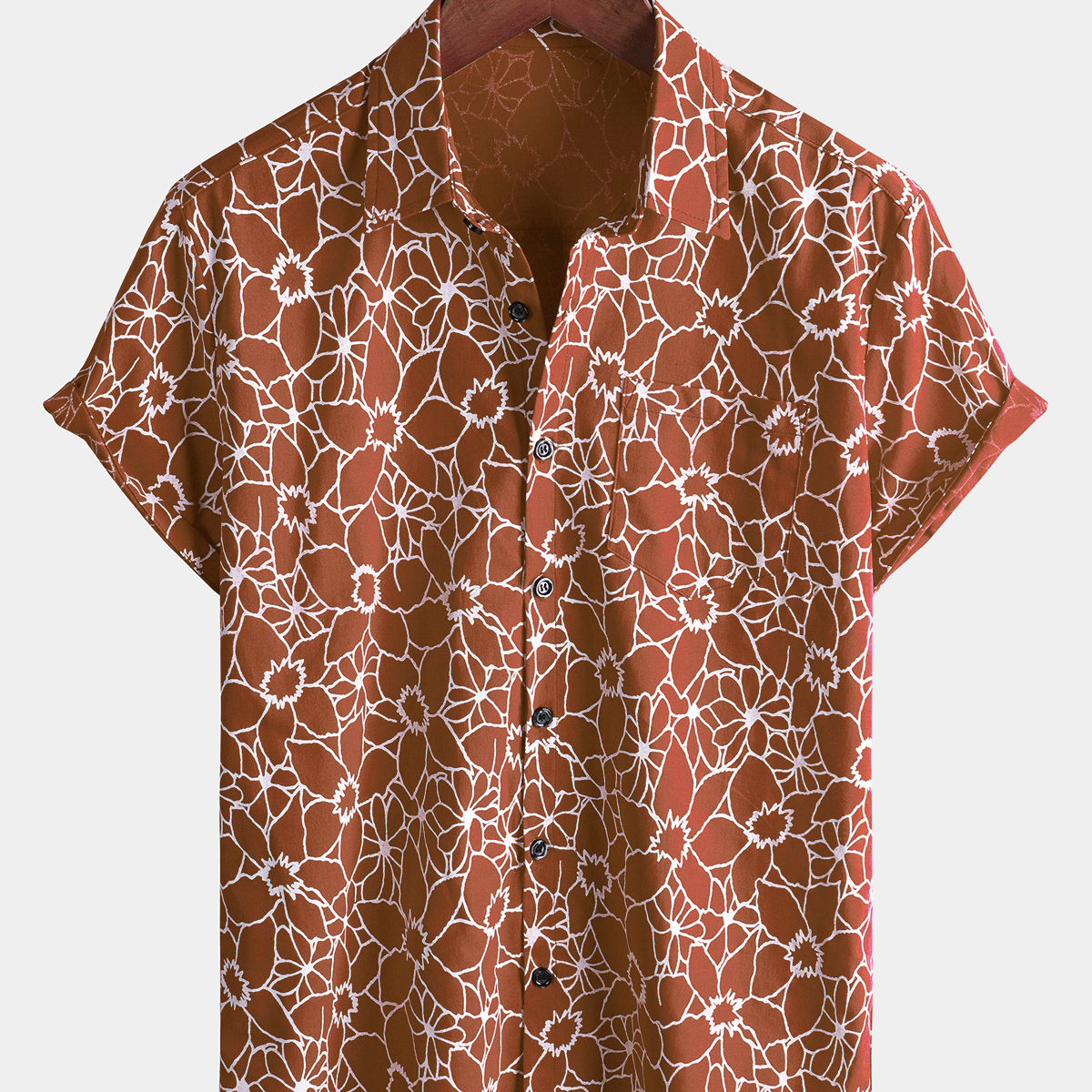 Men's Brown Floral Vintage Cotton Linen Button Up Short Sleeve Shirt