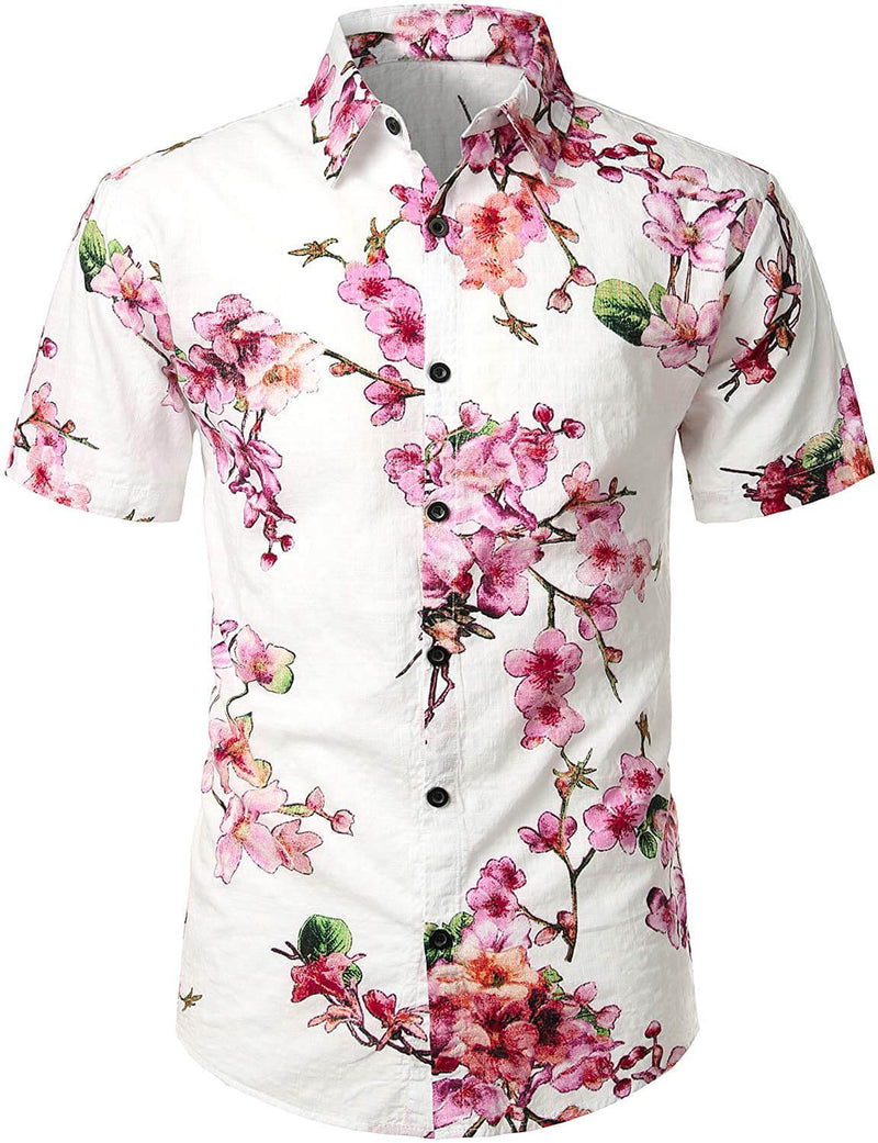Men's Flower Print Cotton Hawaiian Short Sleeve Shirt