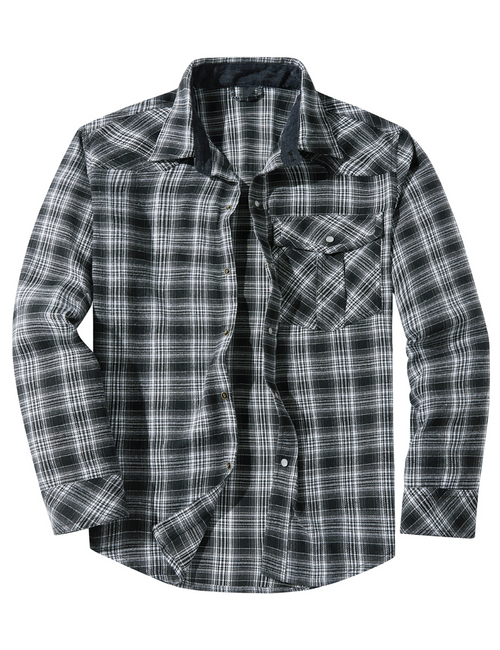 Men's Casual Plaid Pocket Button Up Long Sleeve Shirt