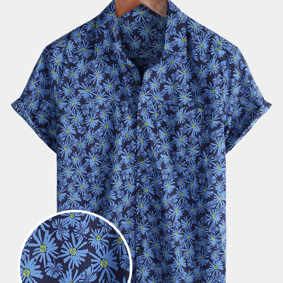 Men's Short Sleeve Floral Daisy Pocket Button Up Cotton Beach Shirt
