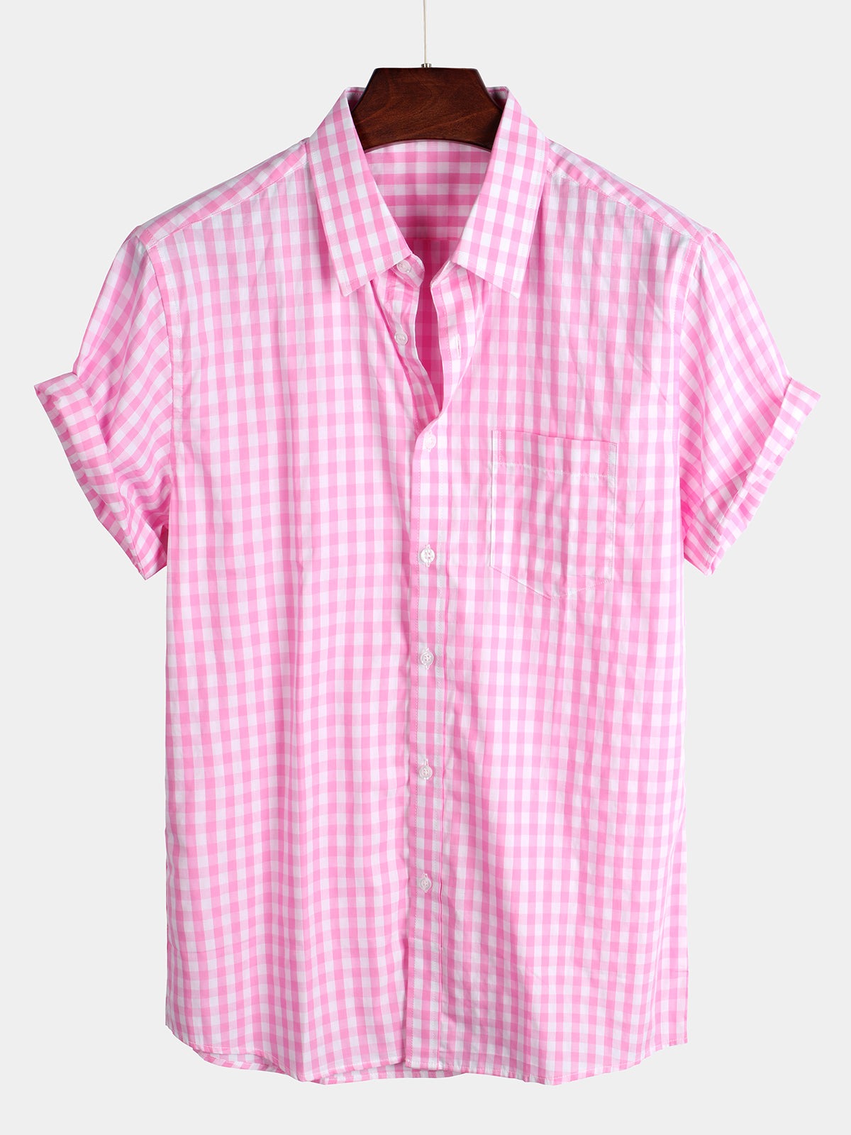 Men's Casual Solid Color Plaid Cotton Pocket Short Sleeve Shirt