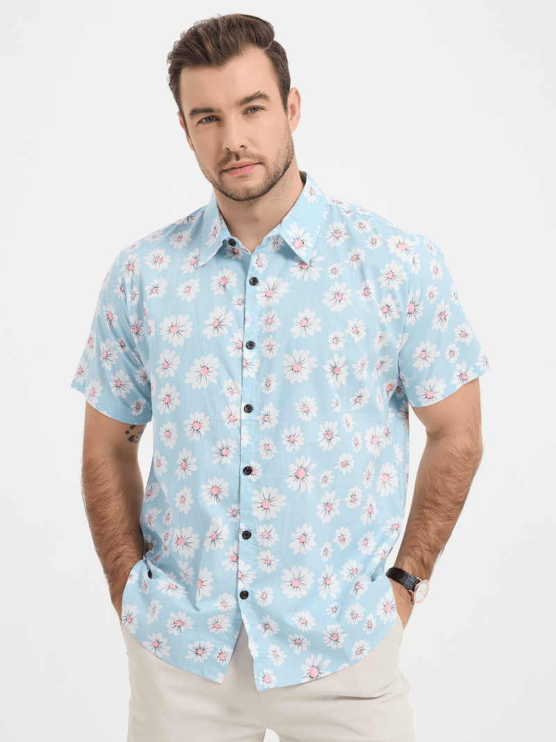 Men's Floral Daisy Print Tropical Hawaiian Cotton Flower Shirt