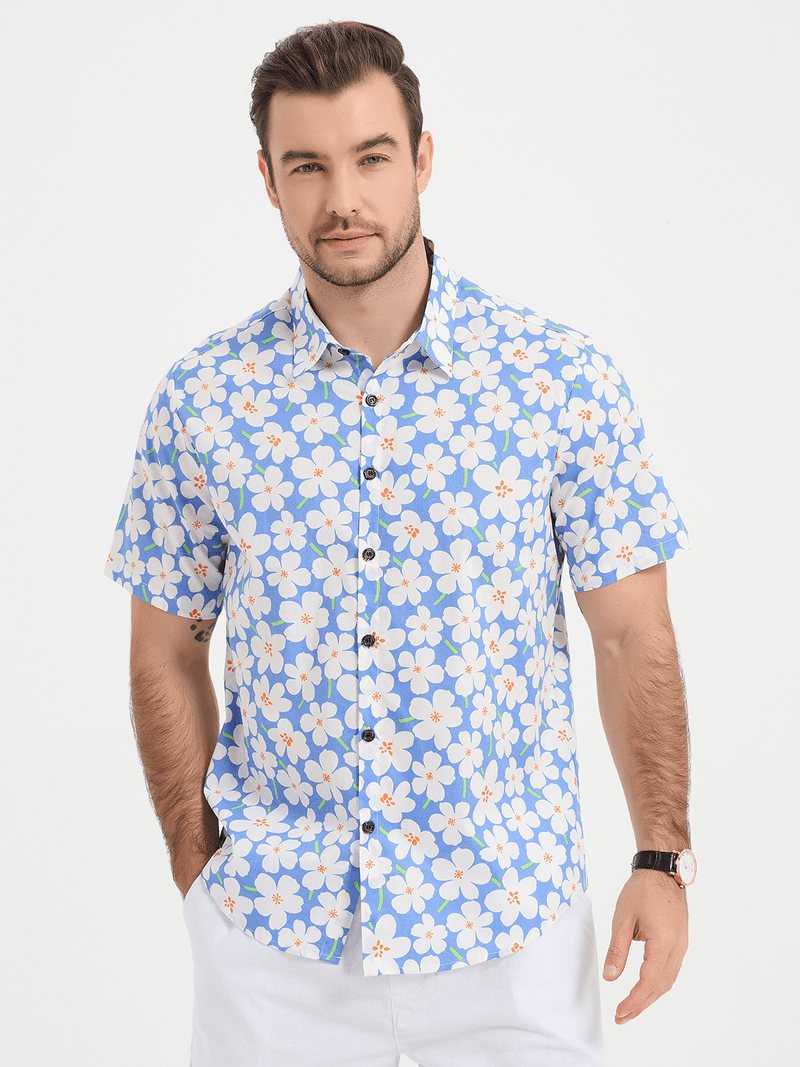 Men's Summer Floral Print Holiday Flower Resort Casual Lapel Light Blue Short Sleeve Shirt