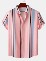 Men's Pink Vertical Striped Button Up Summer Casual Short Sleeve Shirt