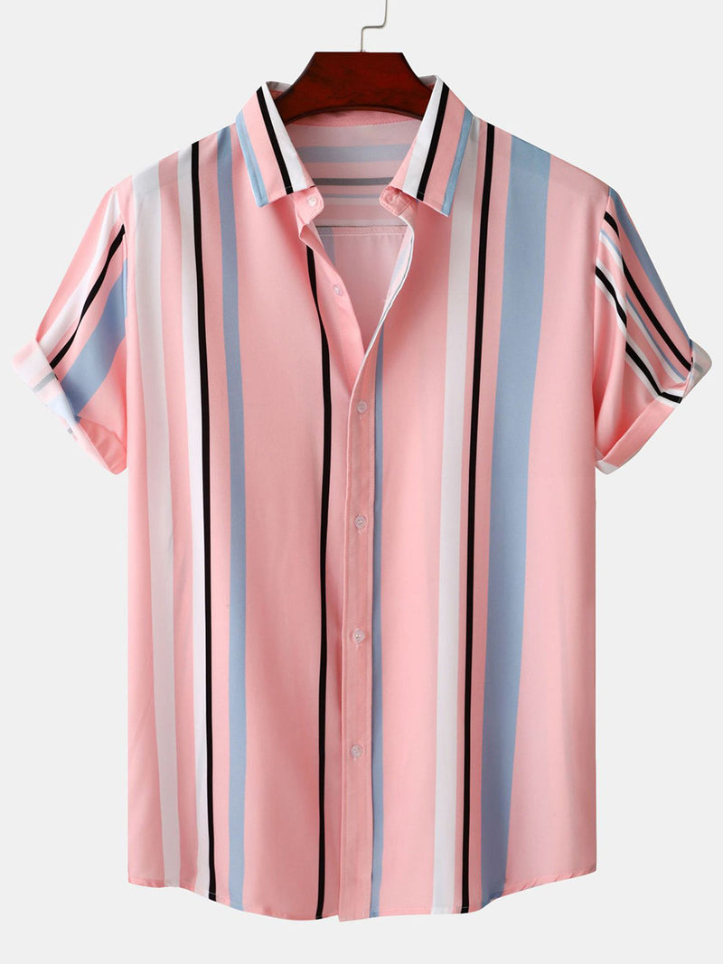 Men's Pink Vertical Striped Button Up Summer Casual Short Sleeve Shirt