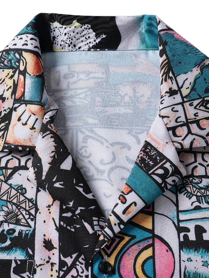 Men's Casual Cuban Collar Tropical Print Summer Short Sleeve Shirt