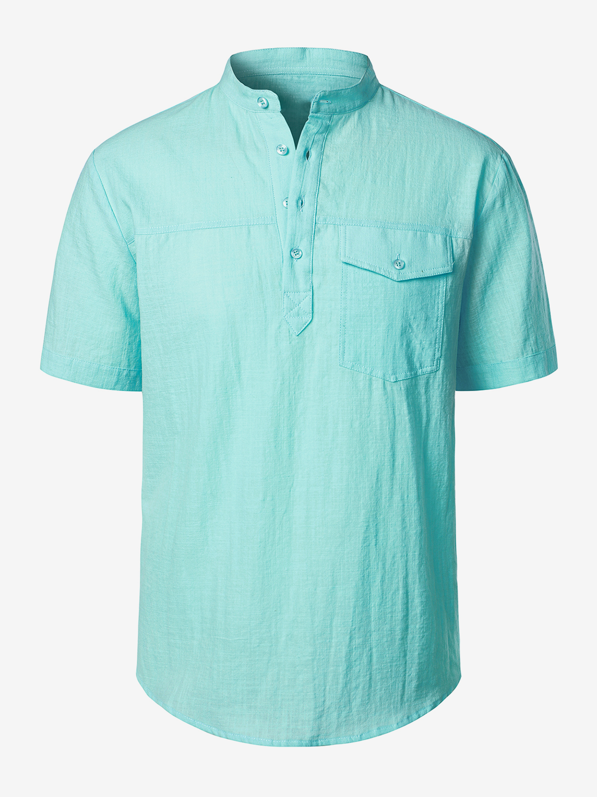 Men's Cotton Linen Pocket Short Sleeve Casual Beach Henley Shirt