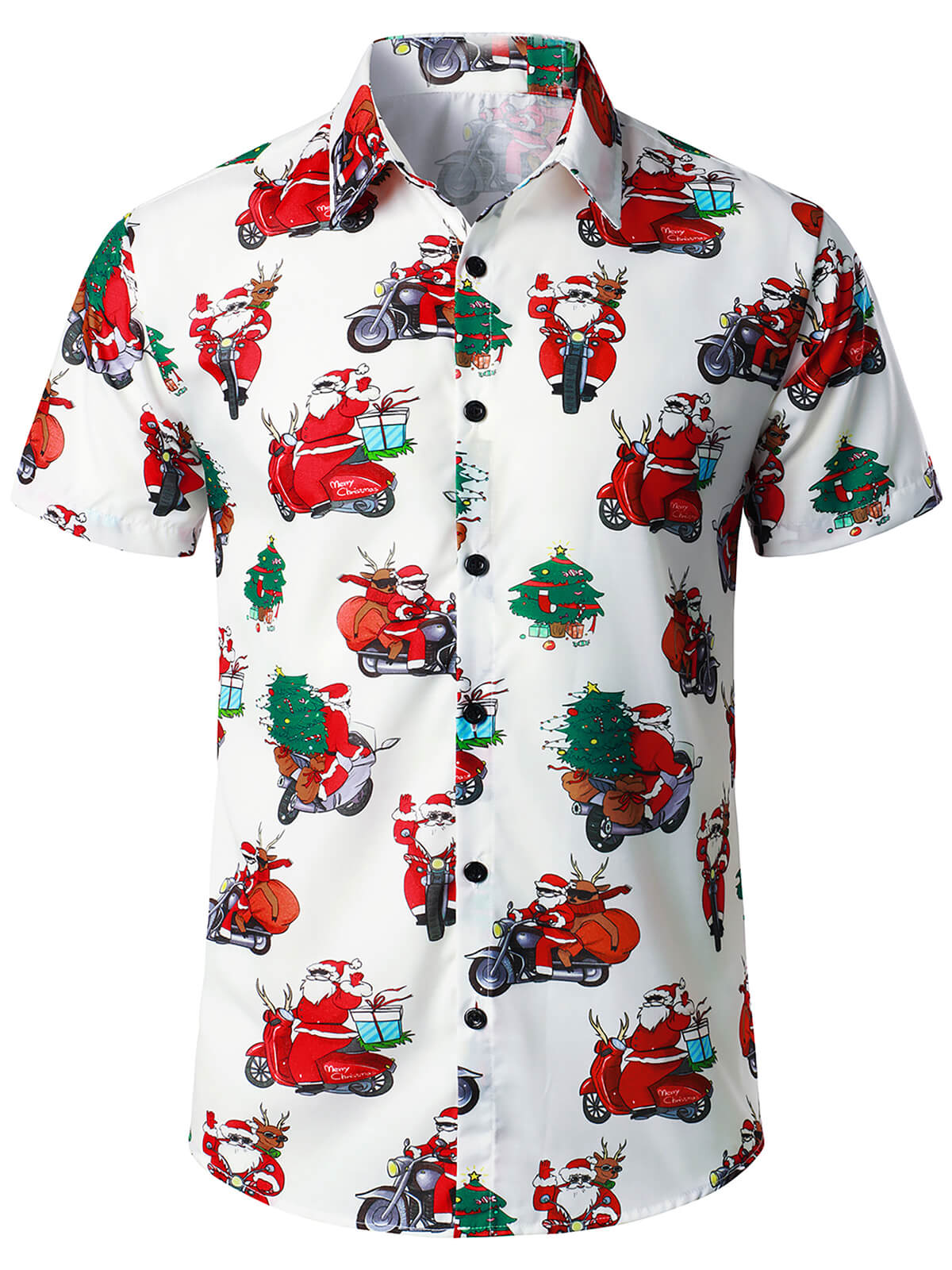 Men's Christmas Santa Claus and Motorcycle Print Button Up Short Sleeve Shirt