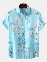 Men's Flower Print Light Blue Vacation Beach Short Button Up Sleeve Hawaiian Shirt