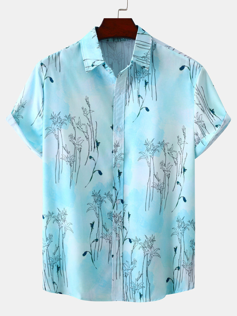 Men's Flower Print Light Blue Vacation Beach Short Button Up Sleeve Hawaiian Shirt
