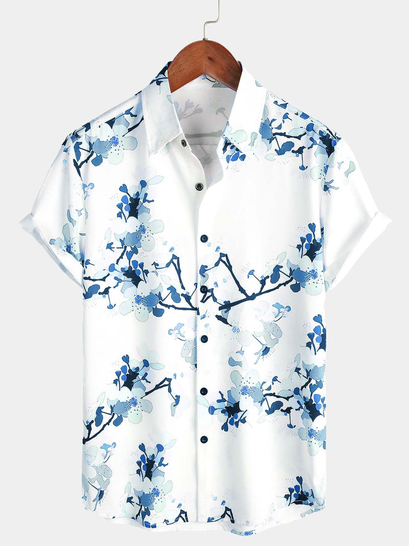 Men's Floral Print Lapel Button Holiday Short Sleeve Shirt