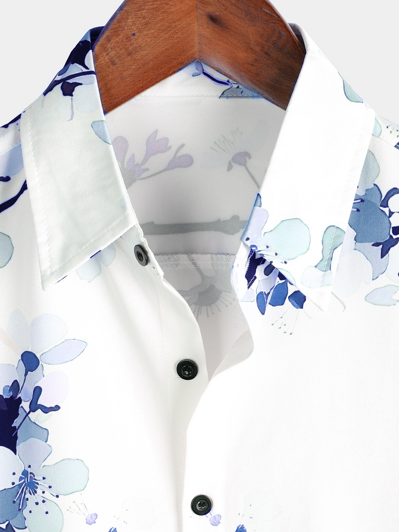 Men's Floral Print Lapel Button Holiday Short Sleeve Shirt