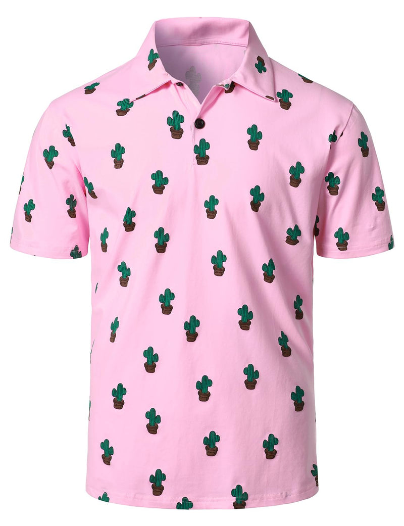 Men's Cactus Print Pink Cotton Holiday Sports Golf Short Sleeve Polo Shirt