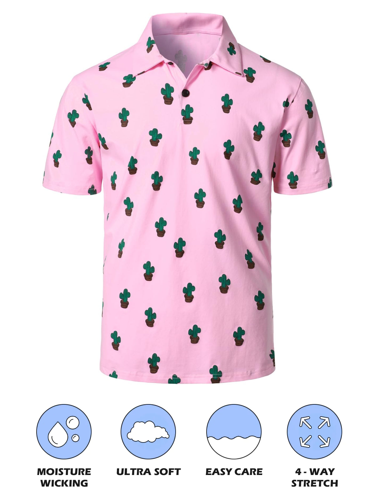 Men's Cactus Print Pink Cotton Holiday Sports Golf Short Sleeve Polo Shirt