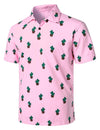 Men's Cactus Print Pink Cotton Holiday Sports Golf Short Sleeve Polo Shirt